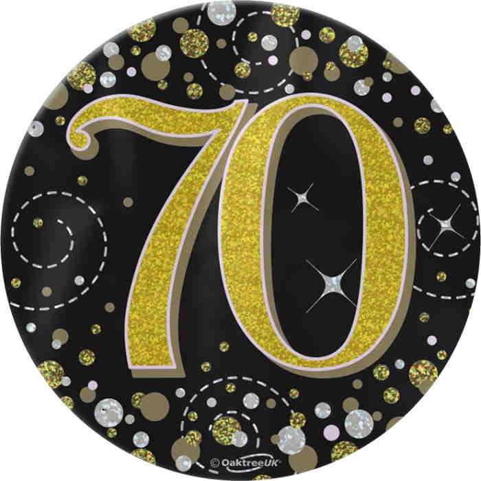 Black and Gold Confetti 70th Birthday Badge 7cm | Party Save Smile