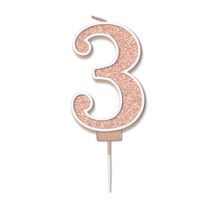 Rose Gold Sparkling Number 3 Cake Candle | Party Save Smile