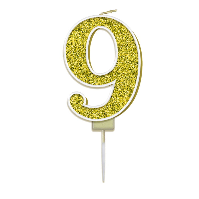 Number 9 Birthday Candle - Gold Sparkling | Party Save Smile