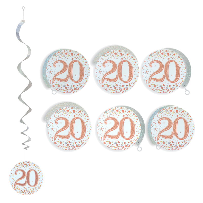 Rose Gold 20th Birthday Hanging Decorations Pack of 6 | Party Save Smile