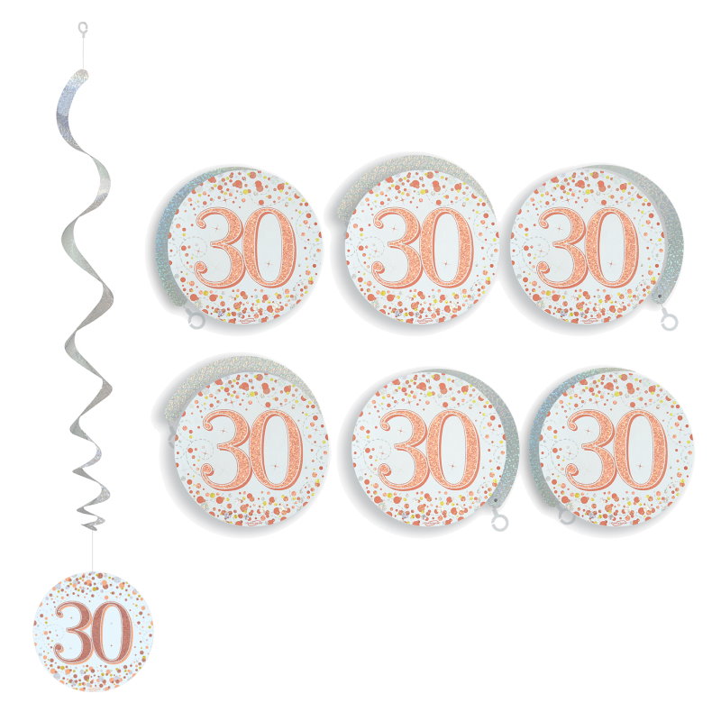 Rose Gold Fizz 30th Birthday Hanging Decorations Pack of 6 | Party Save Smile