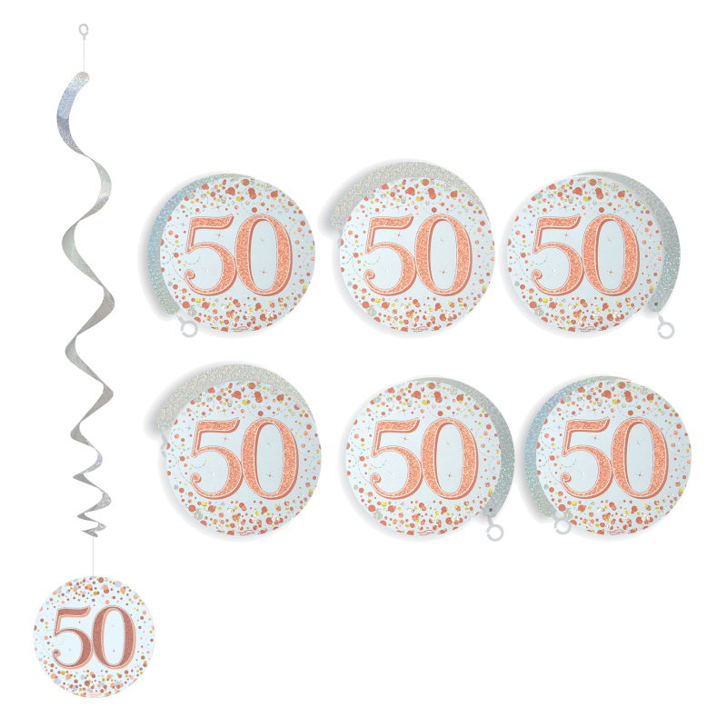 Rose Gold 50th Birthday Hanging Decorations Pack of 6 | Party Save Smile