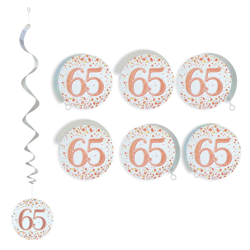 Rose Gold 65th Birthday Hanging Swirl Decorations Pack of 6 | Party Save Smile
