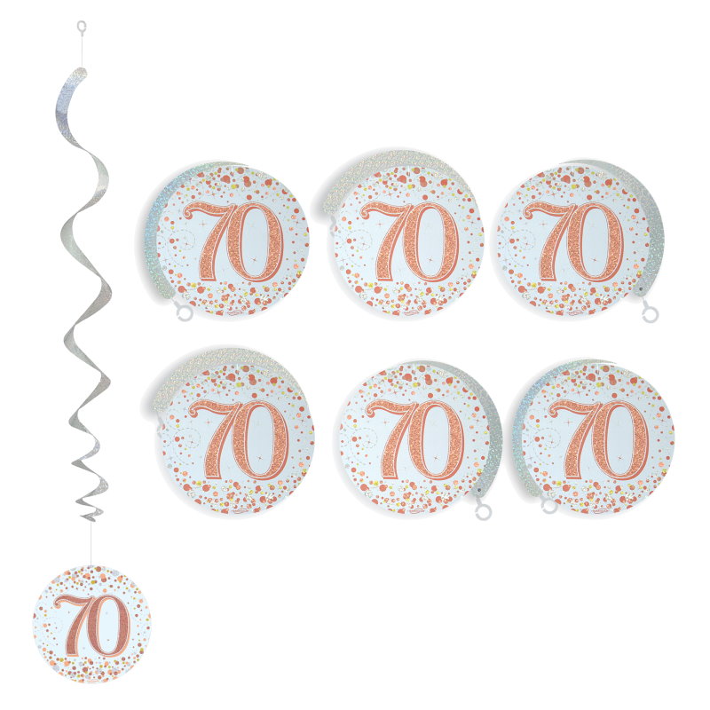 70th Hanging Decorations - Rose Gold Sparkling Pack of 6 | Party Save Smile