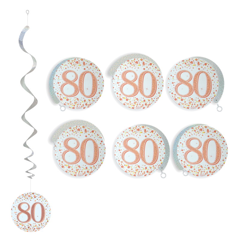 80th Hanging Decorations - Rose Gold Sparkling Pack of 6 | Party Save Smile