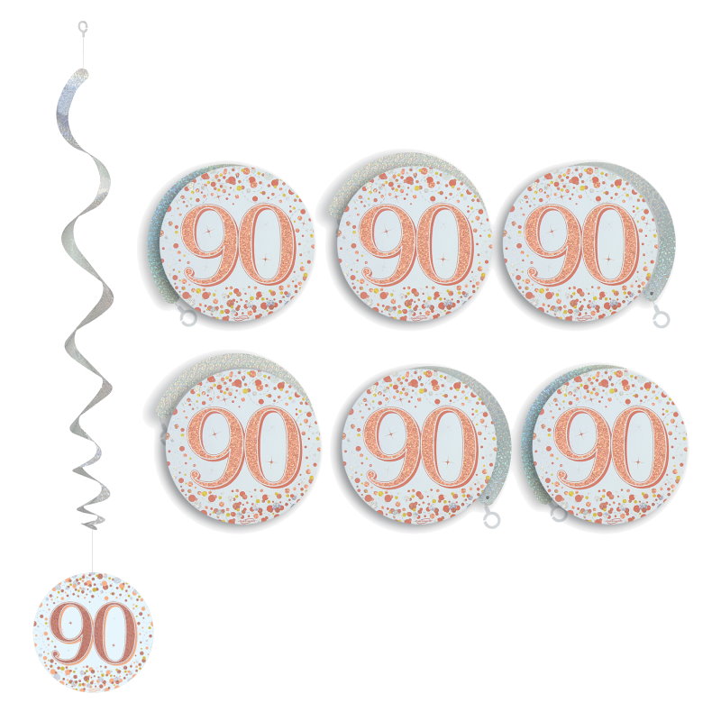 90th Hanging Decorations - Rose Gold Sparkling Pack of 6 | Party Save Smile