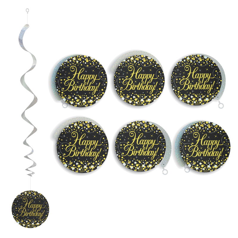 Black & Gold Happy Birthday Hanging Decorations Pack of 6 | Party Save Smile