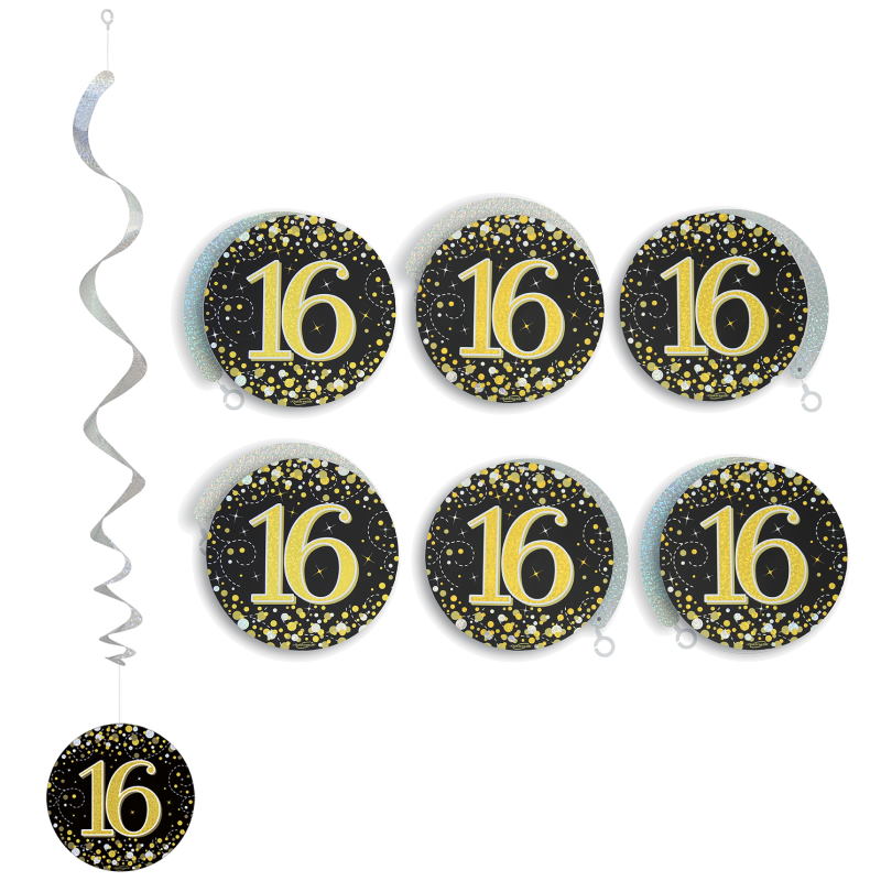 Black & Gold Fizz 16th Birthday Hanging Decorations Pack of 6 | Party Save Smile