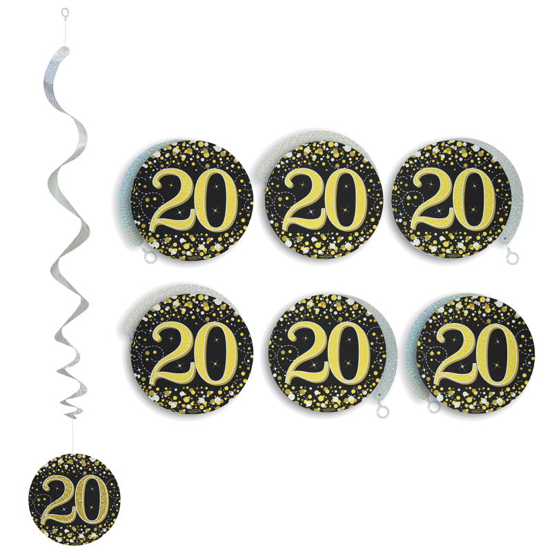Black Gold 20th Birthday Hanging Decorations Pack of 6 | Party Save Smile