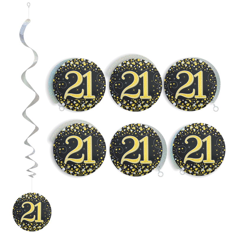 Black & Gold 21st Hanging Decorations Pack of 6 | Party Save Smile