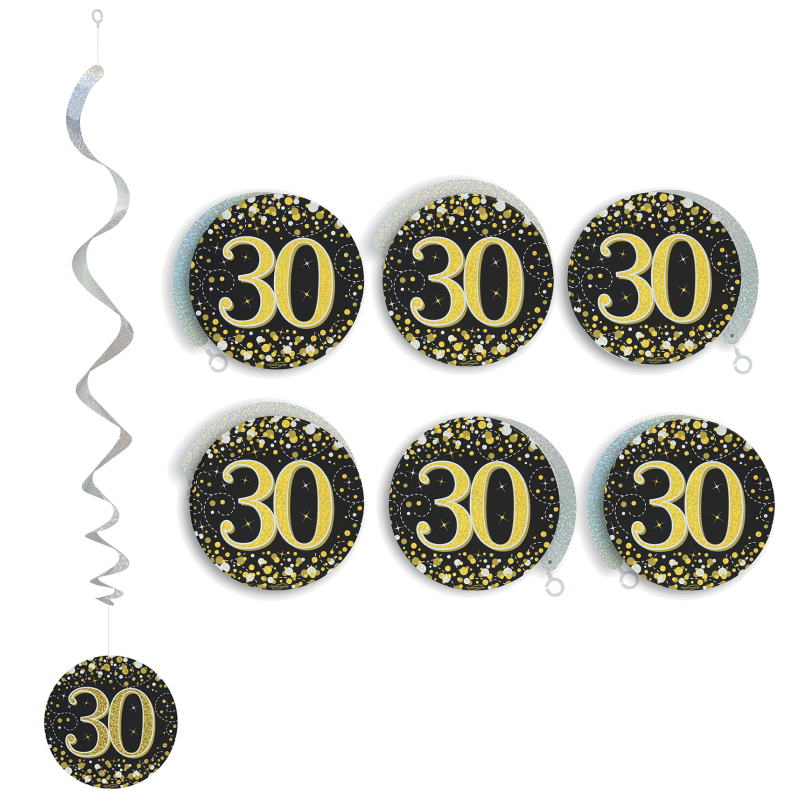 Black Gold 30th Birthday Hanging Decorations Pack of 6 | Party Save Smile