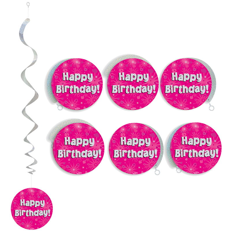 Pink Heart Happy Birthday Hanging Decorations Pack of 6 | Party Save Smile