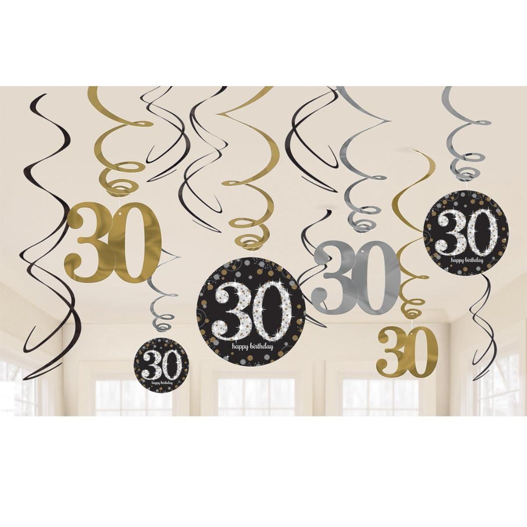 Gold Sparkling 30th Birthday Hanging Decorations Pack of 12 | Party Save Smile
