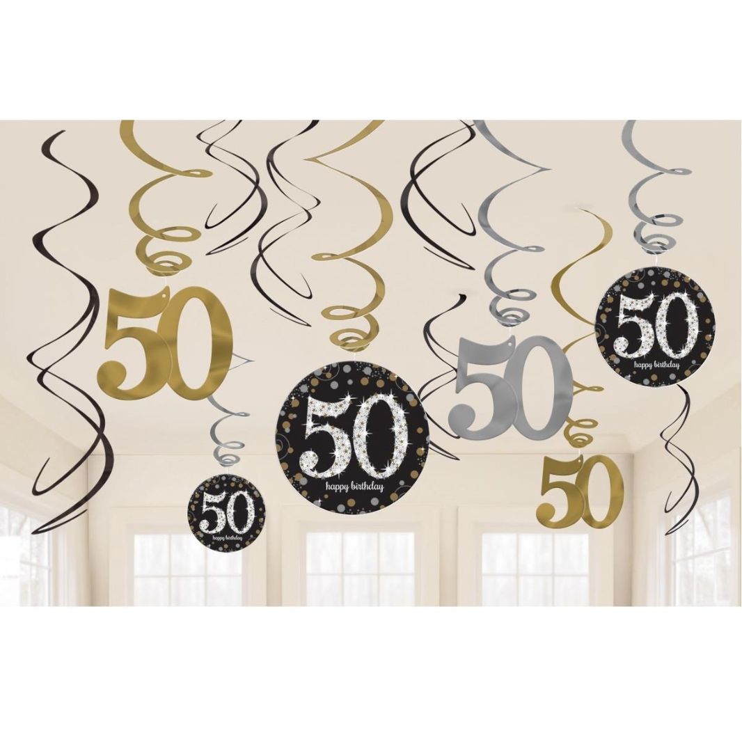 Gold Sparkling 50th Hanging Decorations Pack of 12 | Party Save Smile