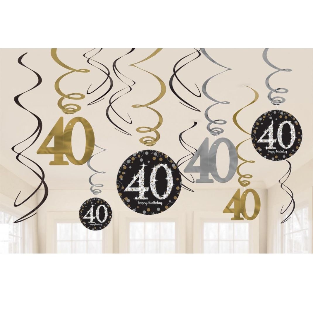 Gold Sparkling 40th Birthday Hanging Decorations Pack of 12 | Party Save Smile