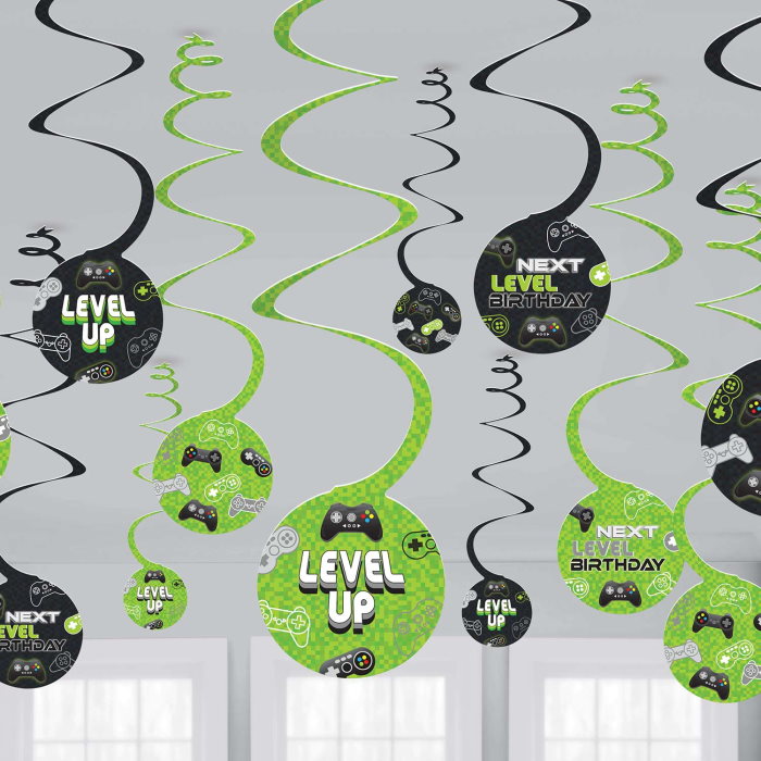 Level Up Gaming Hanging Swirl Decorations Pack of 12 | Party Save Smile