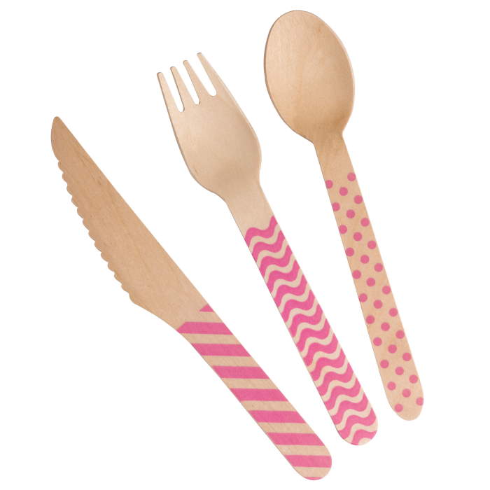 Pink Wooden Cutlery Set Knife Fork and Spoon Pack of 24 | Party Save Smile