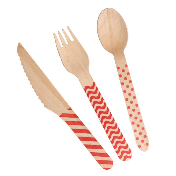 Red Wooden Cutlery Set Knife Fork and Spoon Pack of 24 | Party Save Smile