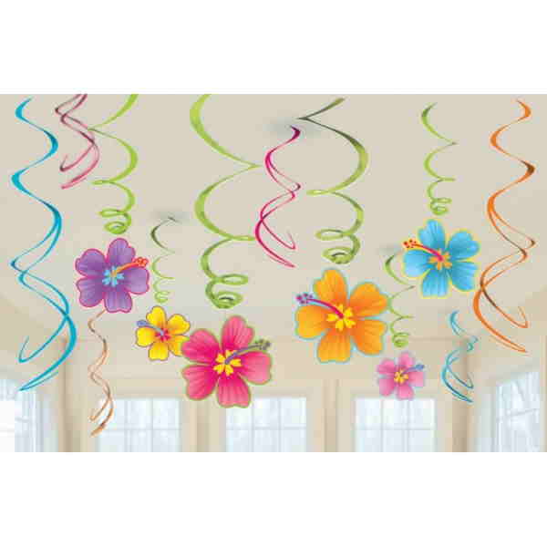 Hawaiian Flowers Party Hanging Swirl Decorations Pack of 12 | Party Save Smile