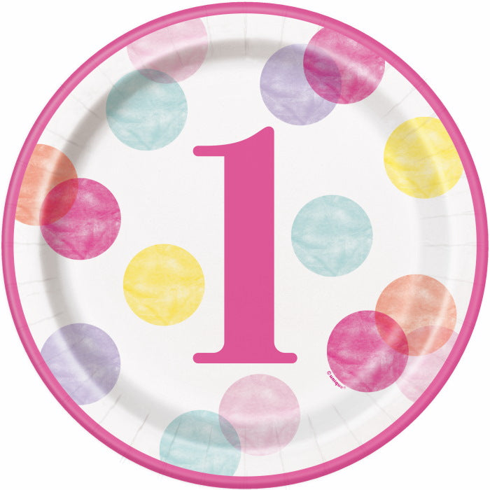Pink Dots 1st Birthday Paper Plates Pack of 8 | Party Save Smile