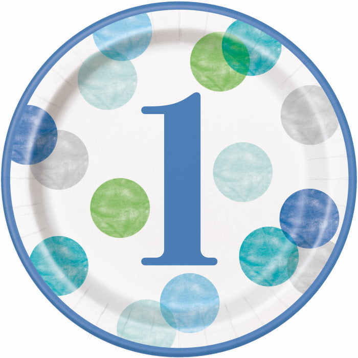Blue Dots 1st Birthday Paper Plates Pack of 8 | Party Save Smile
