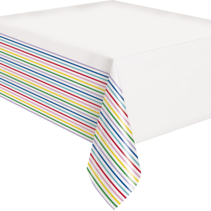 Primary Colours Striped Plastic Tablecover 1.37 x 2.13 metres | Party Save Smile