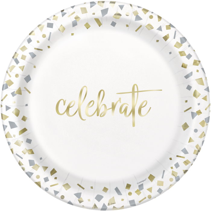 Gold Confetti Celebrate Party Plates 23cm Pack of 10 | Party Save Smile