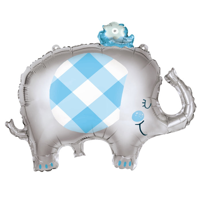 Blue Elephant Gingham Foil Balloons 29 Inches | Party Save Smile