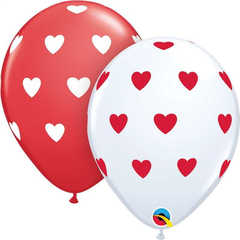 Red and White Hearts Latex Balloons 11 Inches