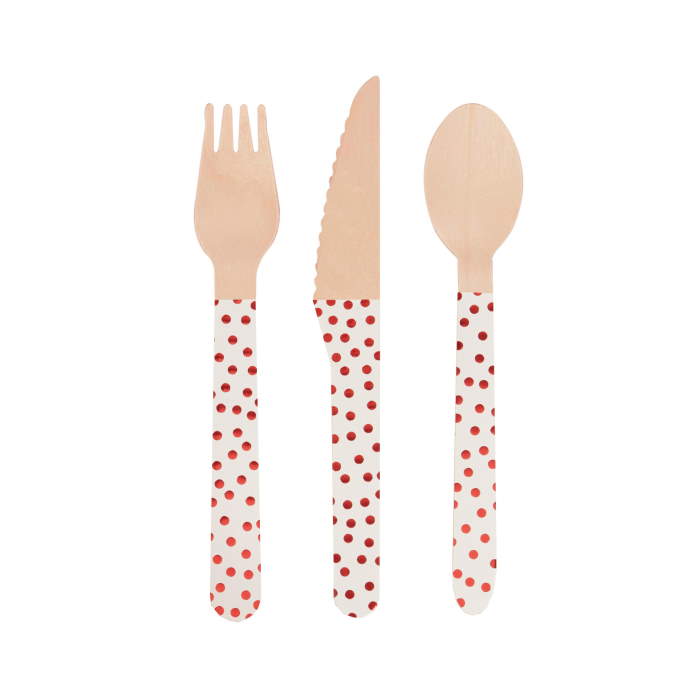 Red Polka Dot Cutlery - Wooden Pack of 24 | Party Save Smile