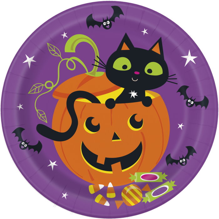 Cat and Pumpkin Halloween Party Plates 23cm Pack of 8 | Party Save Smile