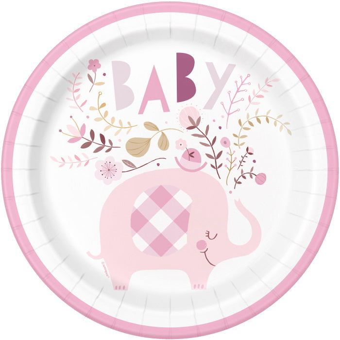 Elephant Pink Floral Baby Shower Plates Pack of 8 | Party Save Smile