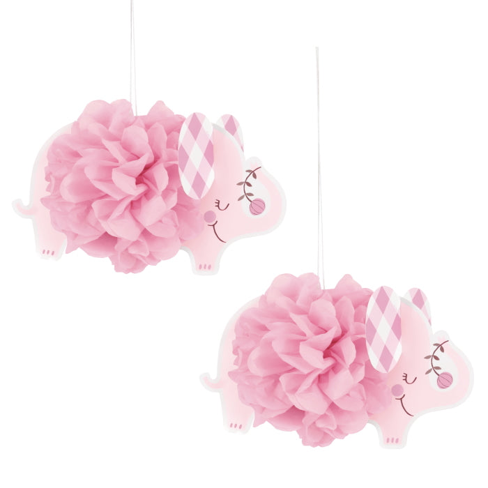 Pink Elephant Baby Shower Puff Ball Decorations Pack of 3 | Party Save Smile