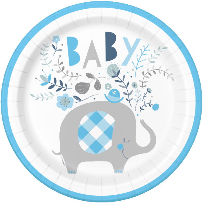 Blue Floral Elephant Baby Shower Plates Pack of 8 | Party Save Smile