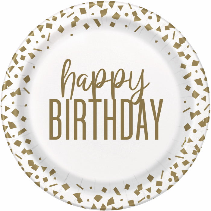 Confetti Gold Happy Birthday Paper Plates Pack of 8 | Party Save Smile