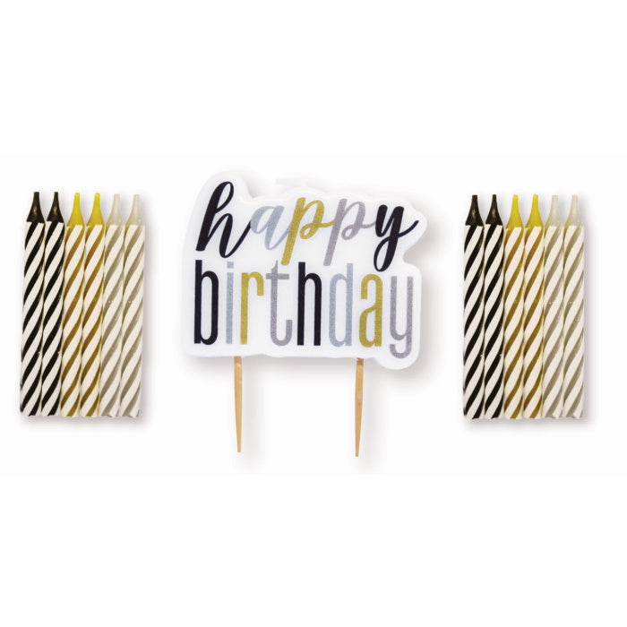 Black Glitz Happy Birthday Candle with 12 Spiral Candles | Party Save Smile