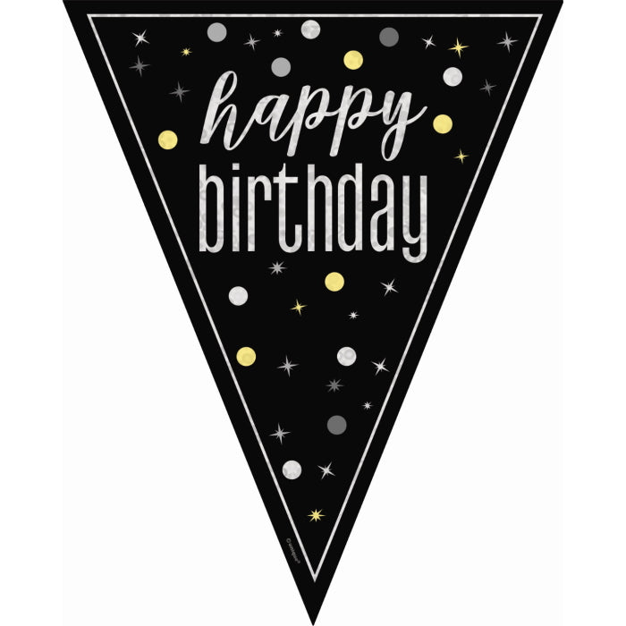 Black and Silver Glitz Happy Birthday Bunting 9 ft | Party Save Smile