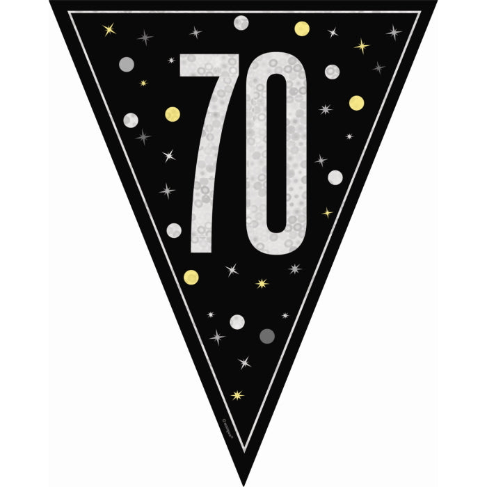 Black and Silver Glitz 70th Birthday Bunting 9 ft | Party Save Smile