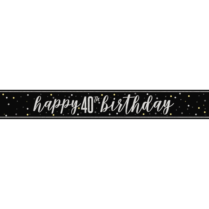 Black and Silver Glitz 40th Birthday Foil Banner 9 ft | Party Save Smile