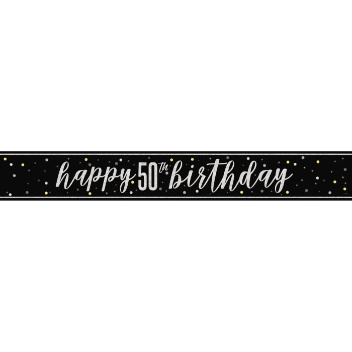 Black and Silver Glitz 50th Birthday Foil Banner 9 ft | Party Save Smile