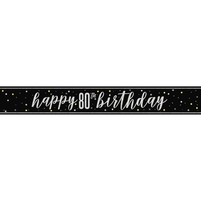 Black and Silver Glitz 80th Birthday Foil Banner 9 ft | Party Save Smile