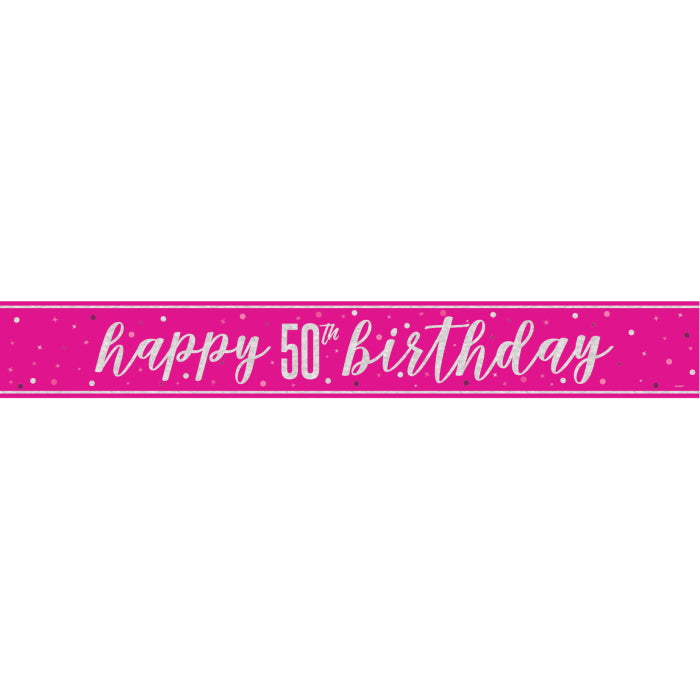 Pink Glitz 50th Birthday Prism Foil Banner 9 ft | Party Save Smile