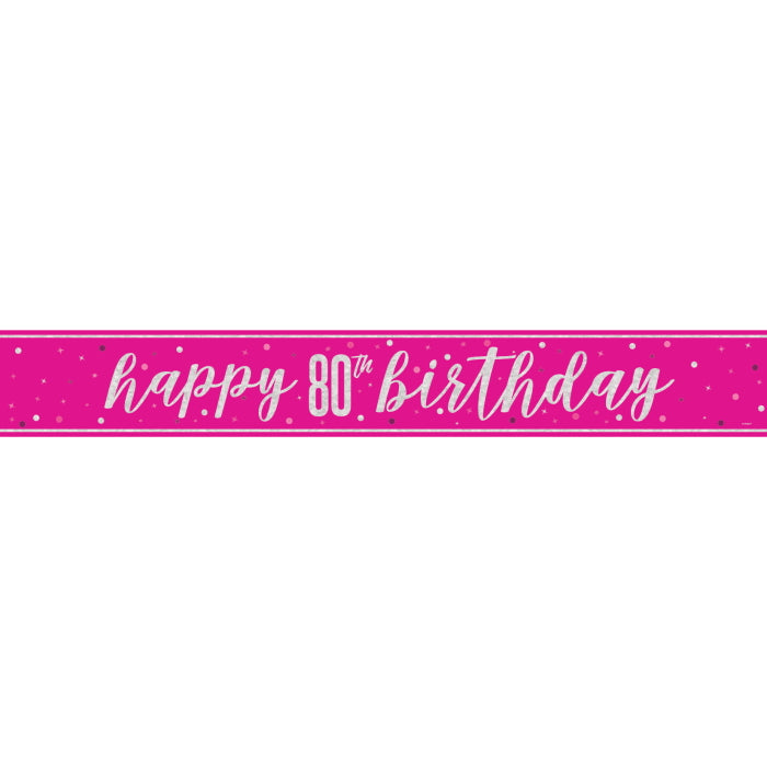 Pink Glitz 80th Birthday Prism Foil Banner 9 ft | Party Save Smile