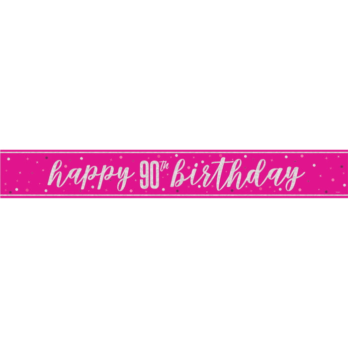 Pink Glitz 90th Birthday Prism Foil Banner 9 ft | Party Save Smile