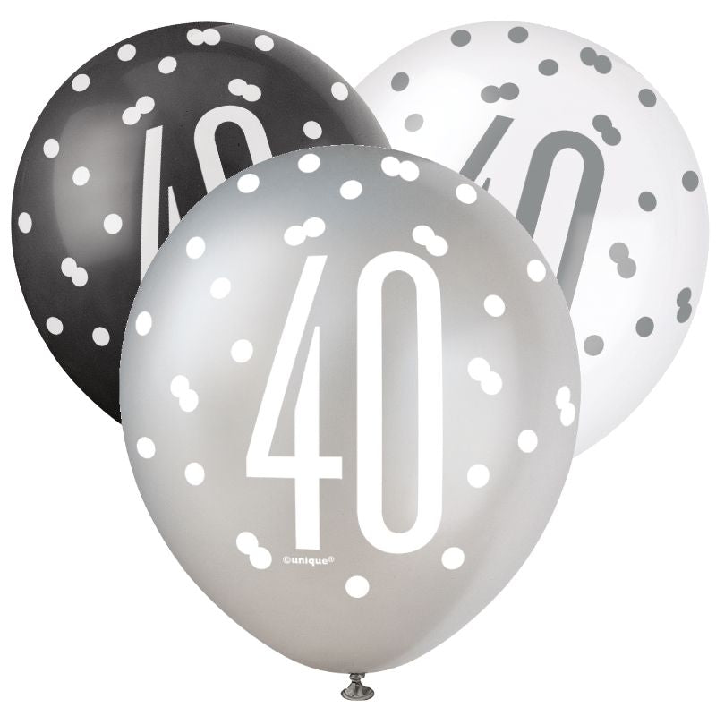 Black Silver 40th Birthday Latex Balloons Pack of 6 | Party Save Smile