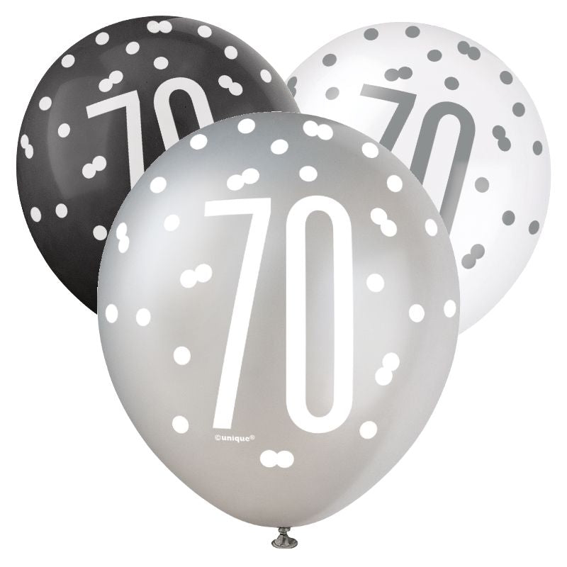 Black and Silver 70th Birthday Latex Balloons Pack of 6 | Party Save Smile