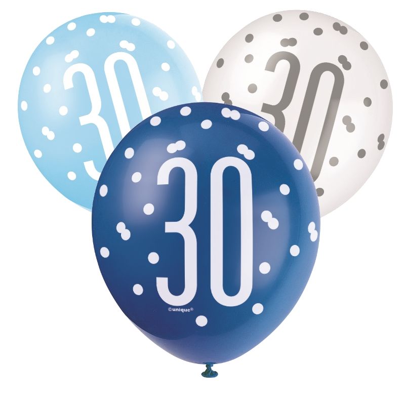 Blue & Silver 30th Birthday Latex Balloons Pack of 6 | Party Save Smile