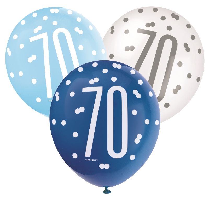 Blue and Silver 70th Birthday Latex Balloons Pack of 6 | Party Save Smile