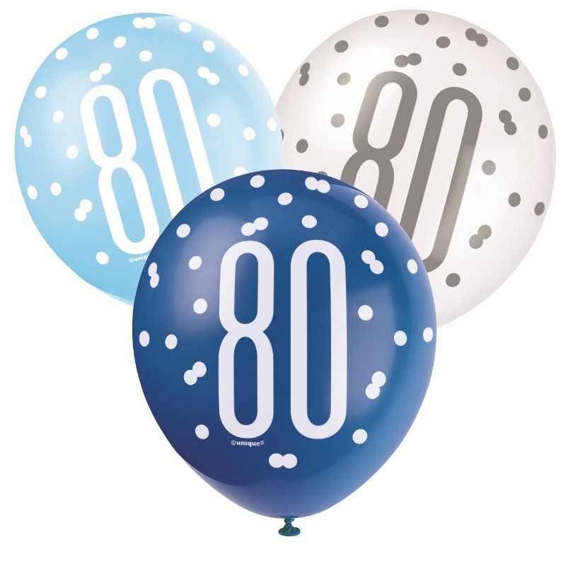 Blue and Silver 80th Birthday Latex Balloons Pack of 6 | Party Save Smile