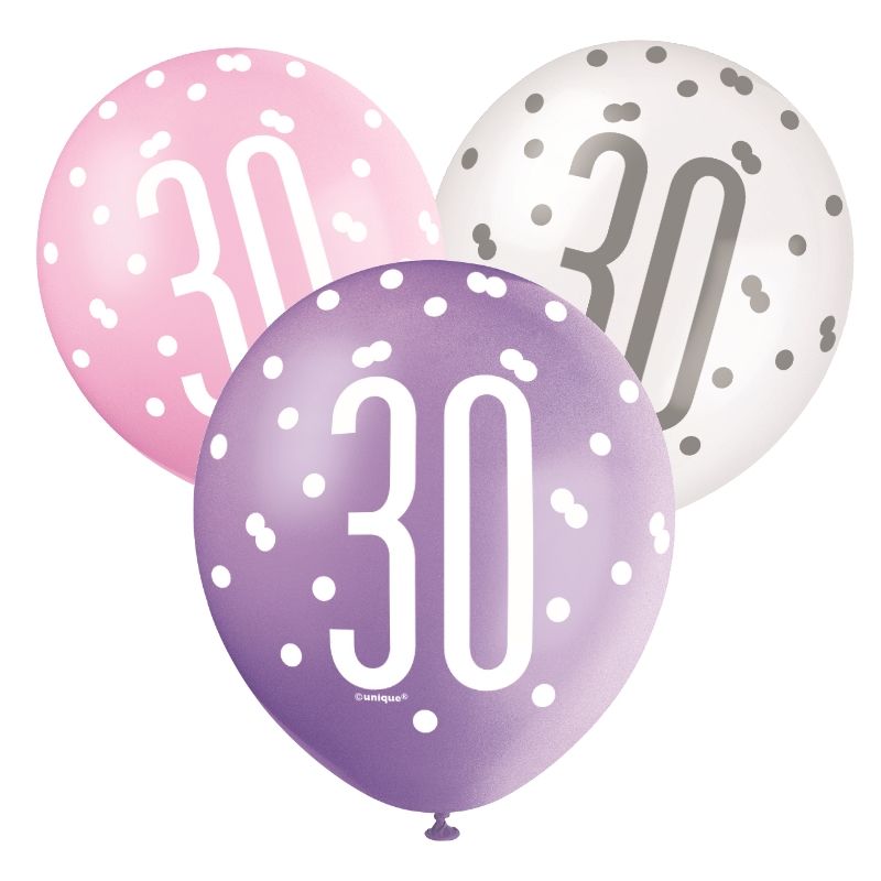 Pink & Silver 30th Birthday Latex Balloons Pack of 6 | Party Save Smile